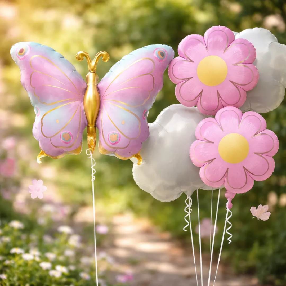 Set Globos Mariposas Flores Y Nubes