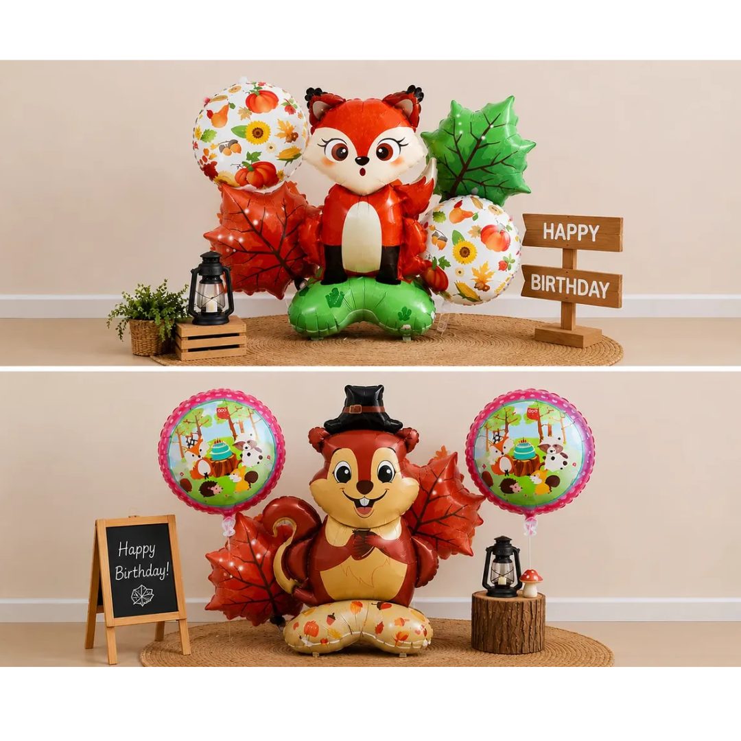 Set Globos Metalizados Animales Del Bosque Zorro O Ardilla