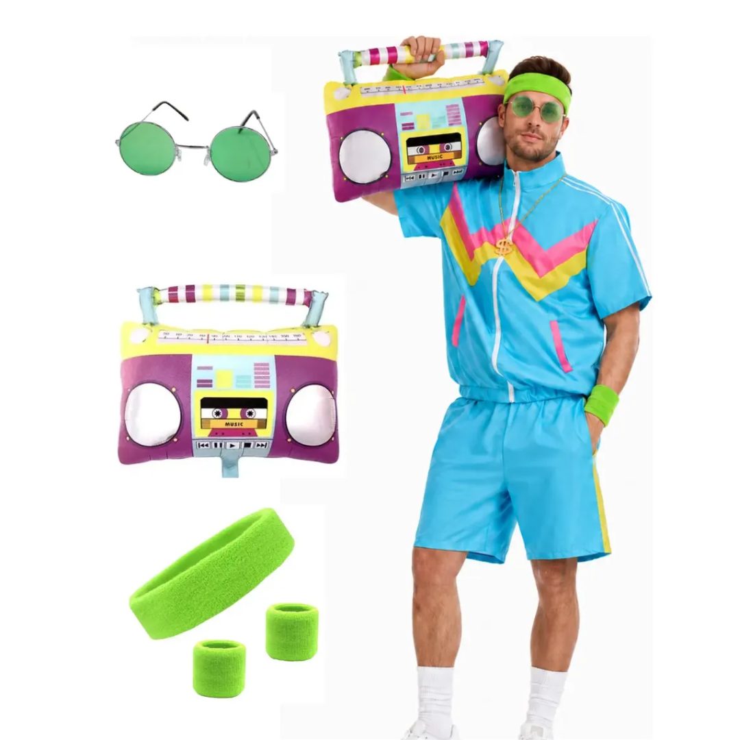 Set Para La Nostalgia Flúo Vincha Lente Muñequeras Globo